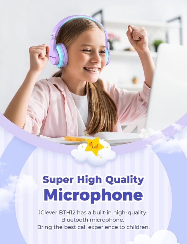 Thumbnail 6 de iClever Bluetooth Kids Headphones (BTH12) with LED Lights, 74/85/94dB Limit, Bluetooth 5.2 and Built-in Mic