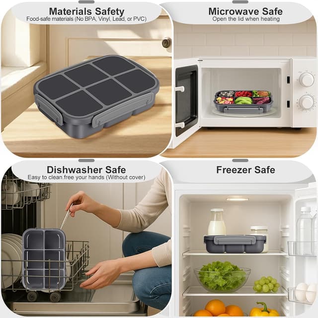 Detalle de Amathley Bento-Brotdose für Kinder und Erwachsene mit 6 Fächern, 1.200 ml – auslaufsicher inkl. Soßenbecher, Obstgabeln und Muffinförmchen (Dunkelgrau)