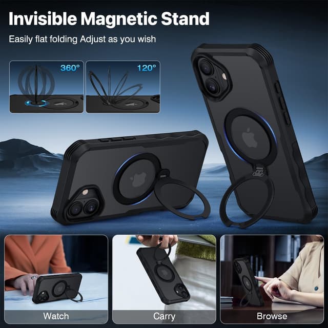 Detalle de CENHUFO iPhone 16 Plus case with built-in privacy screen protector, clear back & 360° magnetic ring stand (Black)