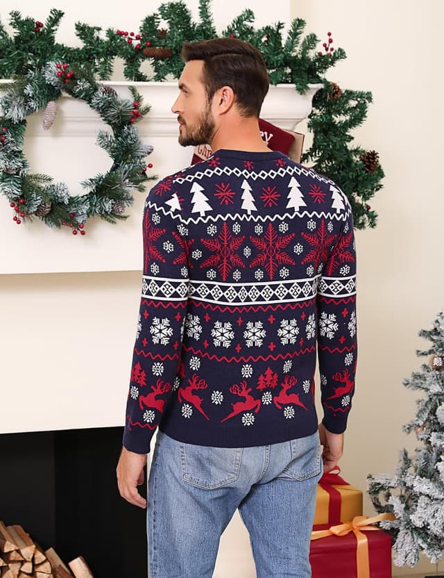 Detalle de Pull de Noël unisexe Aseniza « moche » avec motif flocon et wapiti, col rond et manches longues