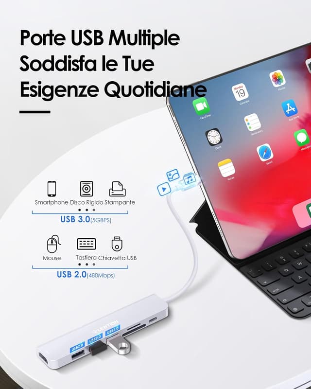 Detalle de LENTION Hub USB-C 7 in 1 con HDMI 4K 60Hz e PD 100W, lettore SD/TF (argento)