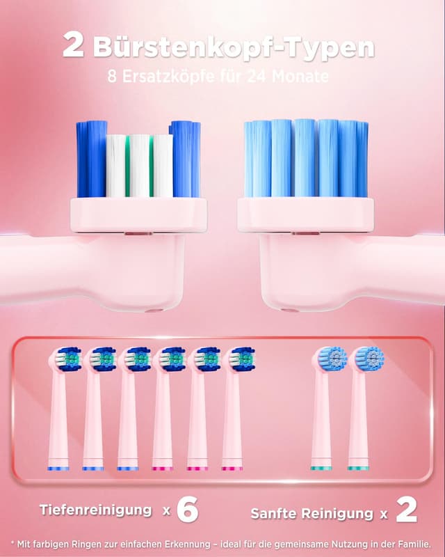 Detalle de Rotierende elektrische Zahnbürste für Erwachsene & Kinder mit 8 Aufsteckbürsten, 3 Intensitäten, 5 Modi und Wand-Ladestation (Perlmuttrosa)