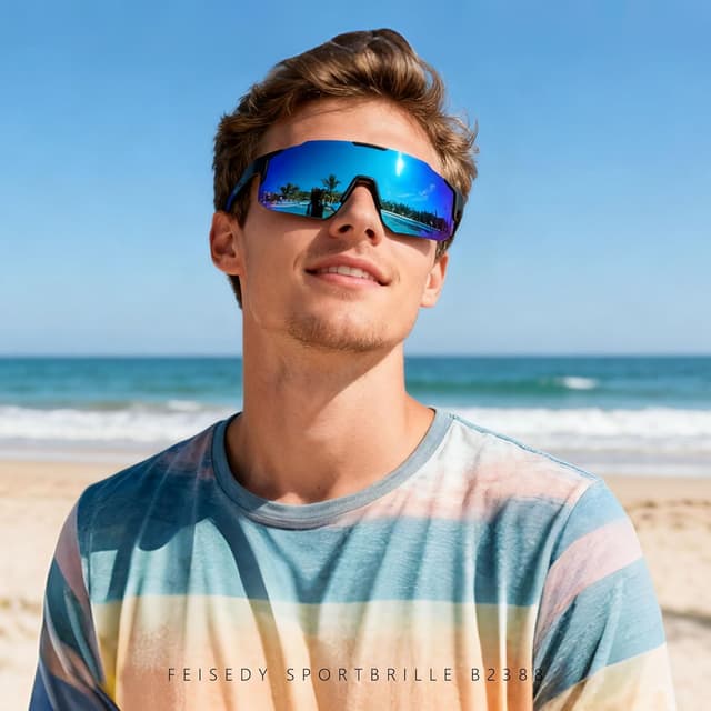 Detalle de FEISEDY Sport Sonnenbrille für Herren & Damen – Fahrradbrille mit UV400, verspiegelten Gläsern und weitem Sichtfeld