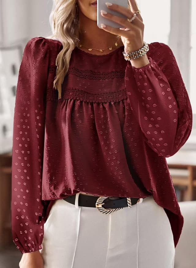 Detalle de TUUHAW Damen Langarmshirt im Boho-Stil mit Rundhalsausschnitt und Häkelspitze