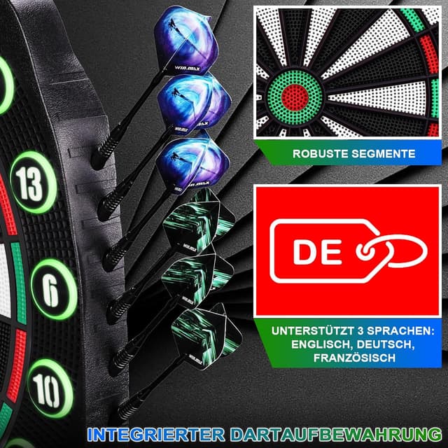 Detalle 2 de WIN.MAX Elektronische Dartscheibe Profi Set – 34 Games mit 354 Varianten, 3 Sprachen (DE/EN/FR) und Platz für 12 Darts