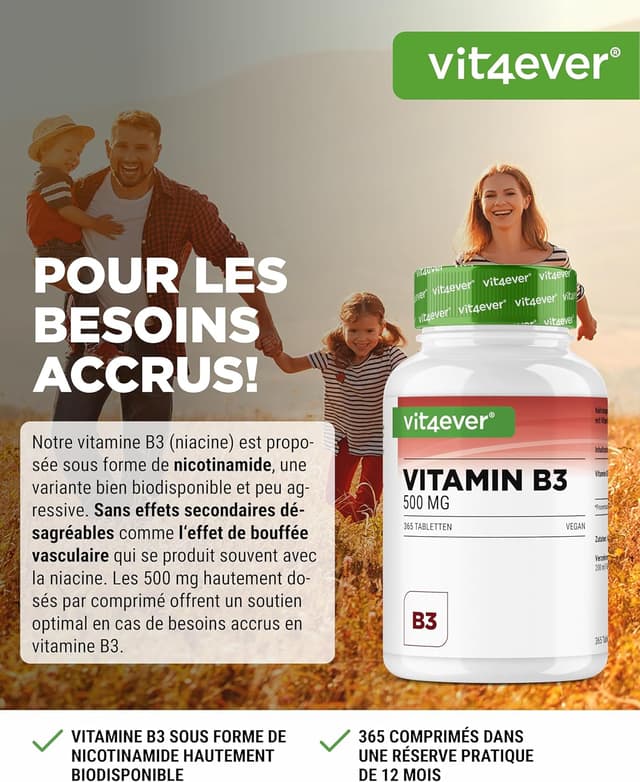 Detalle de Vit4ever Vitamine B3 (Niacine) 500 mg – Nicotinamide flush-free – 365 comprimés