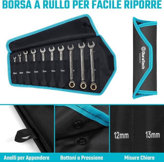 Detalle 2 de DURATECH set di chiavi combinate a cricchetto antiscivolo 10 pezzi 6-18 mm (72 denti) in CR-V con custodia