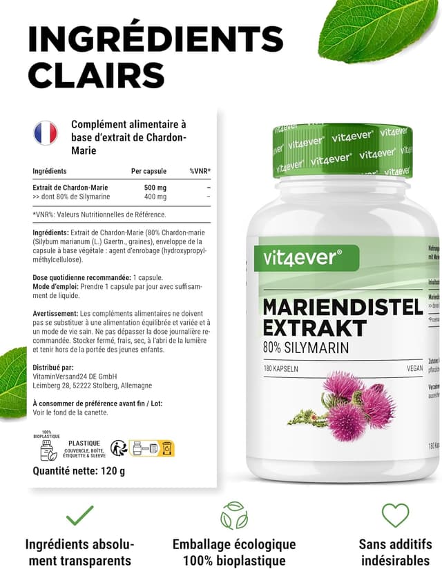 Detalle de vit4ever Extrait de Chardon-Marie – 180 gélules véganes (500 mg) avec 80% de silymarine