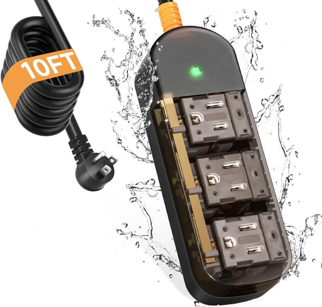 Detalle de CAKINKON Outdoor Power Strip Weatherproof (10 ft) With 3 AC Outlets and Surge Protection, UL Listed