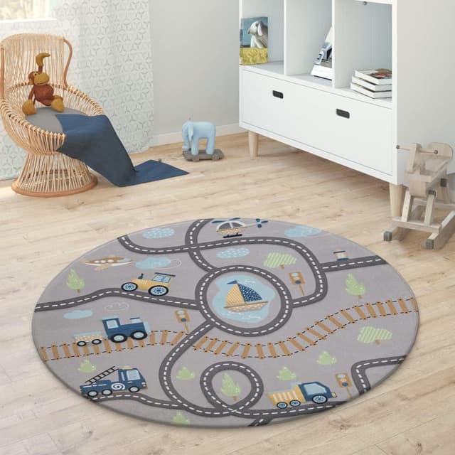 Detalle 2 de Paco Home Rund-Kinderteppich Ø 150 cm für Spielmatte, rutschfest – Grau mit Stern-Mond-Elefanten