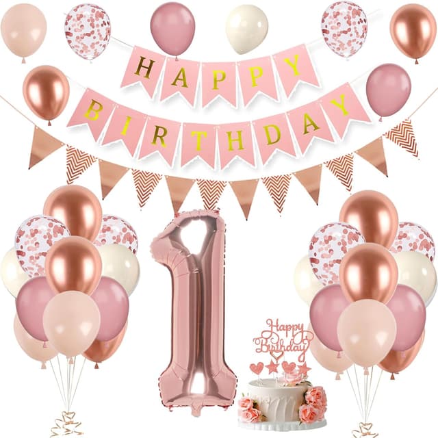 Detalle de 1. Geburtstag Deko-Set Roségold (Zahl 1 Luftballon) von VUCDXOP – Party-Deko für Mädchen zum 1. Jahr