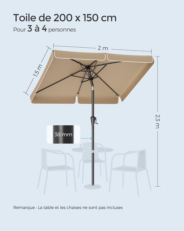 Thumbnail 3 de SONGMICS Parasol rectangulaire 200 x 150 cm avec UPF 50+ et inclinaison 30° (sans pied)