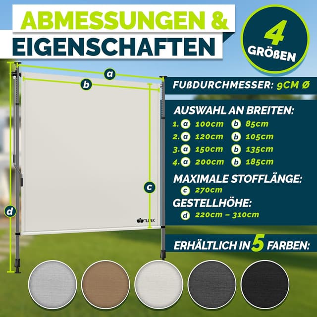 Thumbnail 6 de tillvex® Klemmmarkise Senkrechtmarkise mit Handkurbel – Sichtschutz ohne Bohren (Beige, 120x310 cm)