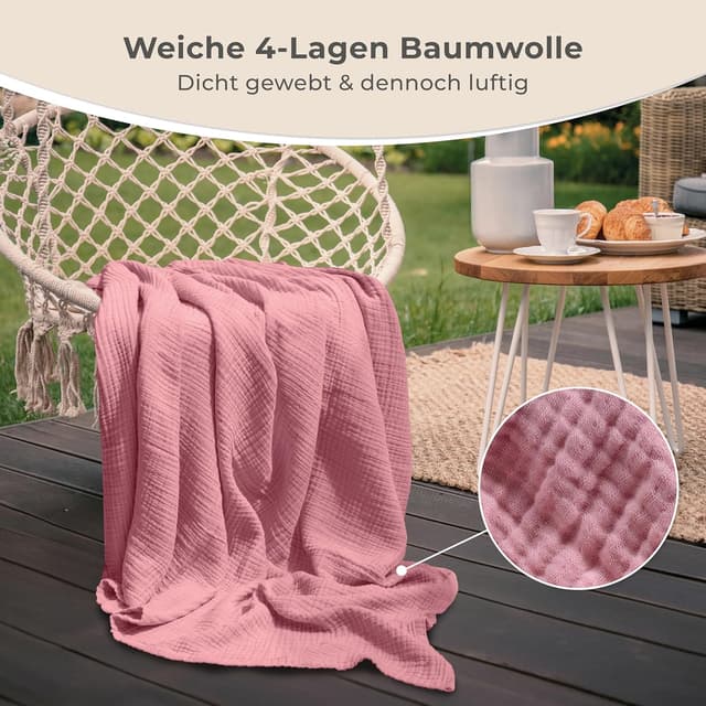Detalle de LAYNENBURG Premium Musselin Tagesdecke 150x200 cm (100% Baumwolle) – extraweiche Sommerdecke in Altrosa