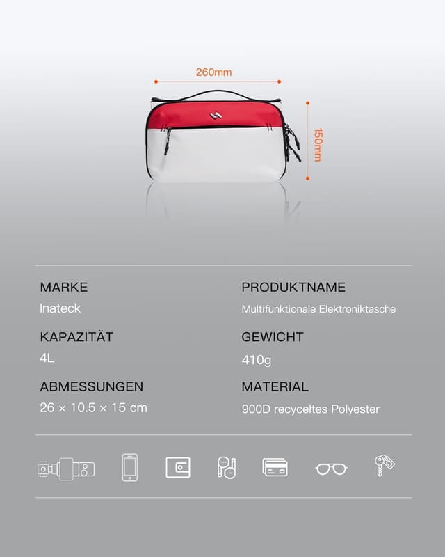 Detalle de Inateck multifunktionale Kabeltasche Elektronik-Organizer mit spritzwassergeschütztem Design für Reisen & Pendeln