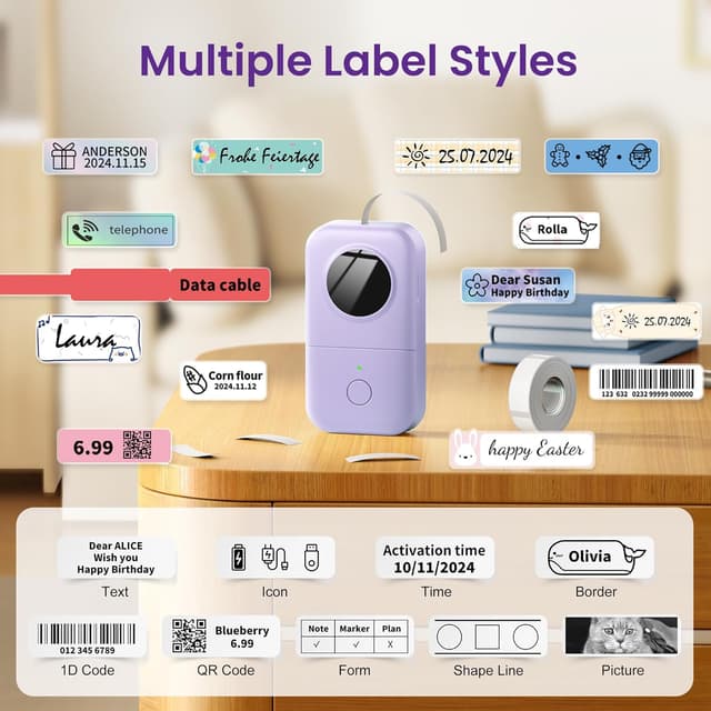 Detalle de Phomemo D30 Bluetooth Label Maker (D30) – portable thermal tape printer for home, office and kitchen organising (Violet)