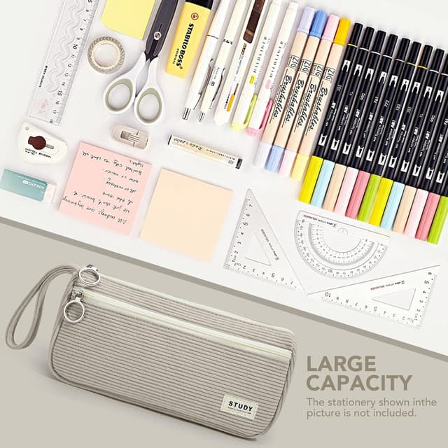 Detalle 2 de KALIDI Corduroy Large Pencil Case (21cm) with Hand Strap and 2 Compartments