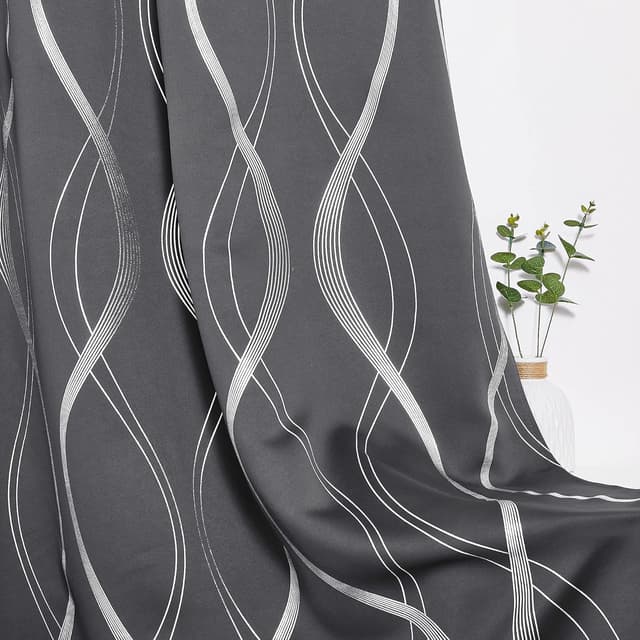 Detalle 2 de PONY DANCE Blackout Curtains (Silver Wave Foil Print) – Grey, 2 Panels, Thermal Insulated Eyelet Ready Made