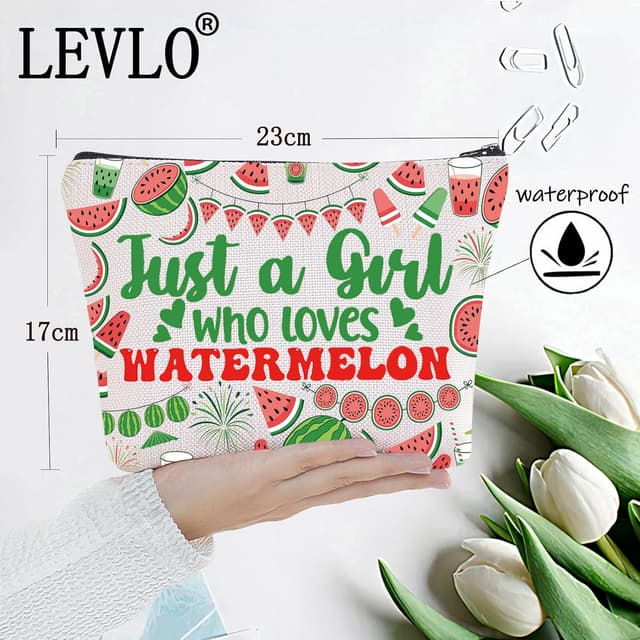 Detalle de LEVLO Funny Watermelon Cosmetic Bag – cotton canvas zip pouch for watermelon lovers