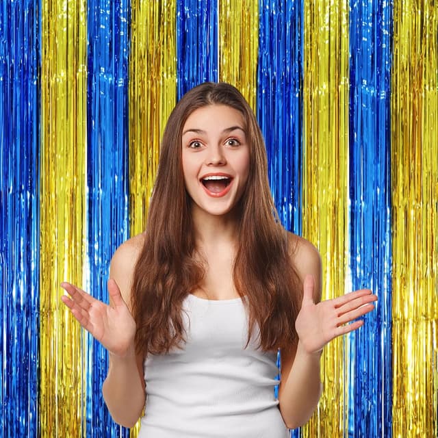 Detalle de Voircoloria 2-Pack Blue & Gold Foil Fringe Backdrop Curtains for Door Shimmer Parties
