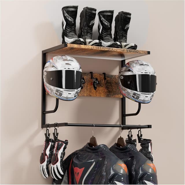 Detalle de OMISRUIS Motorcycle Helmet Holder Wall Mounted with Iron & Wood Rack, 4 Glove Clips and 4 Hooks