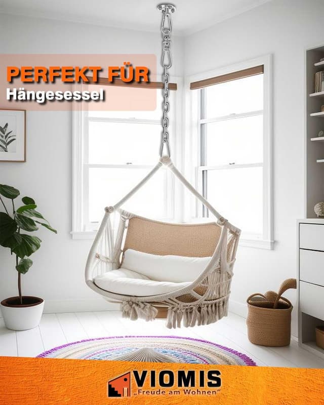 Thumbnail 3 de Viomis Deckenhaken für Hängesessel (bis 400 kg) – 360° Drehung, Edelstahl-Komplettset mit 30 cm Kette & 3 Karabinern