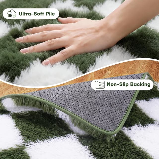 Detalle 2 de FVVRAX Checkered Shaggy Rug 200x300cm in Olive Green & White