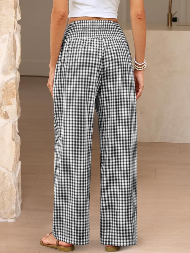Detalle 2 de ANRABESS Women’s Gingham-Check Palazzo Pajama Pants with High-Waist Smocked Elastic Waist