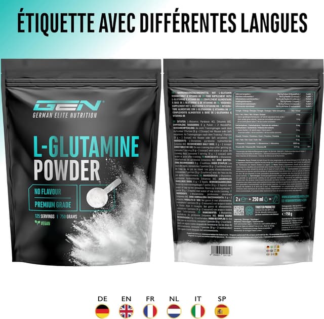 Detalle 2 de L-Glutamine en poudre 750 g Premium (100% L-Glutamine, sans additifs, vegan)