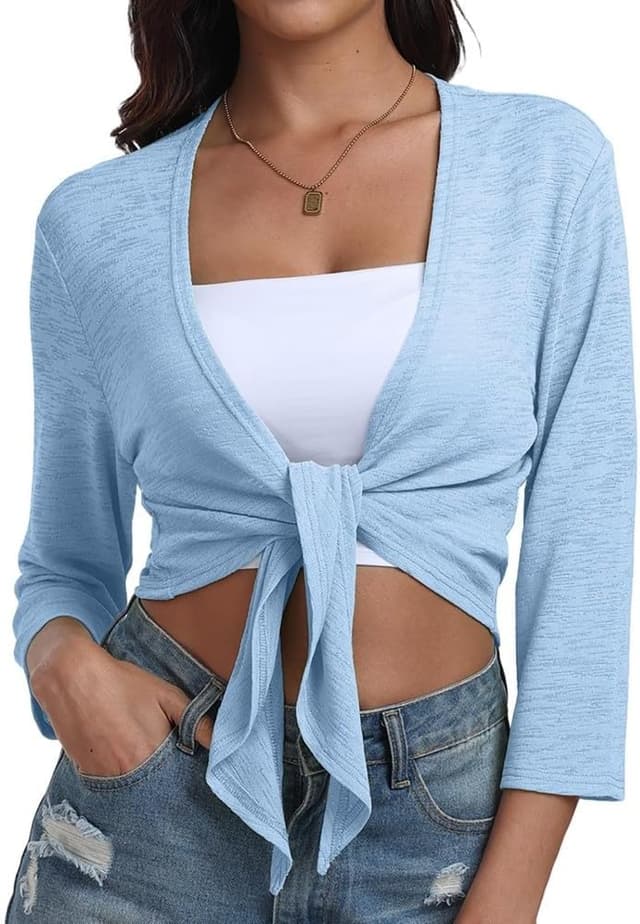 Detalle de PrinStory V-Neck tie-front shrug for women, lightweight 3/4 sleeve layer top