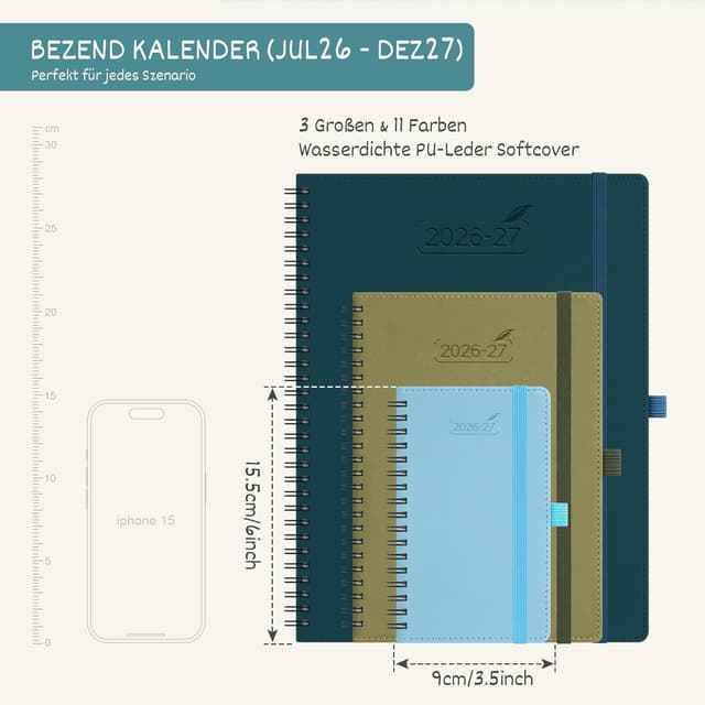 Detalle 1 de BEZEND Kalender 2026/2027 Klein Wochenplaner A6 (18 Monate) mit Ringbindung, Dunkelgrün