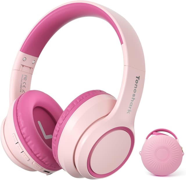Detalle de TONOSHARK Bluetooth Kinderkopfhörer Over-Ear (Noise Cancelling), Rosa – kabellos mit Mikrofon & 60h Spielzeit inkl. Tragetasche