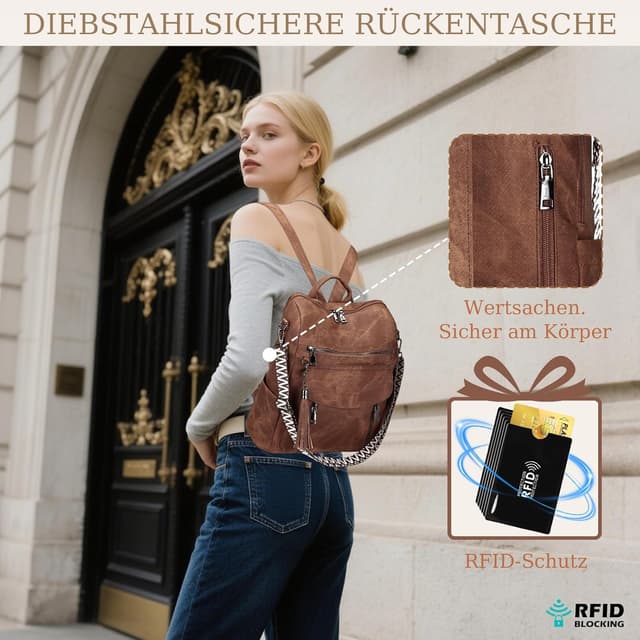 Detalle 2 de LEASOUL Damen-Rucksack-Set wasserdicht aus veganem Leder – Diebstahlschutz & 3-in-1 (Rucksack/Handtasche/Schultertasche)