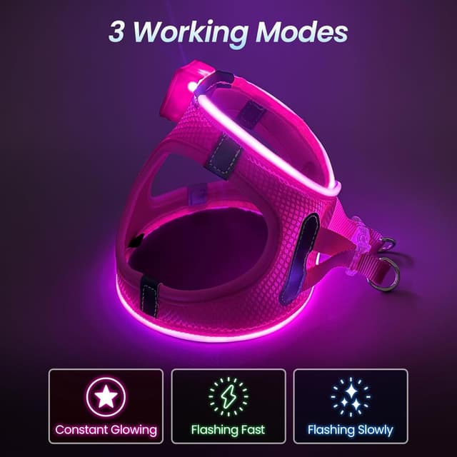 Thumbnail 1 de Light Up Dog Harness with Rechargeable LED (Waterproof, Reflective) – Pink XS