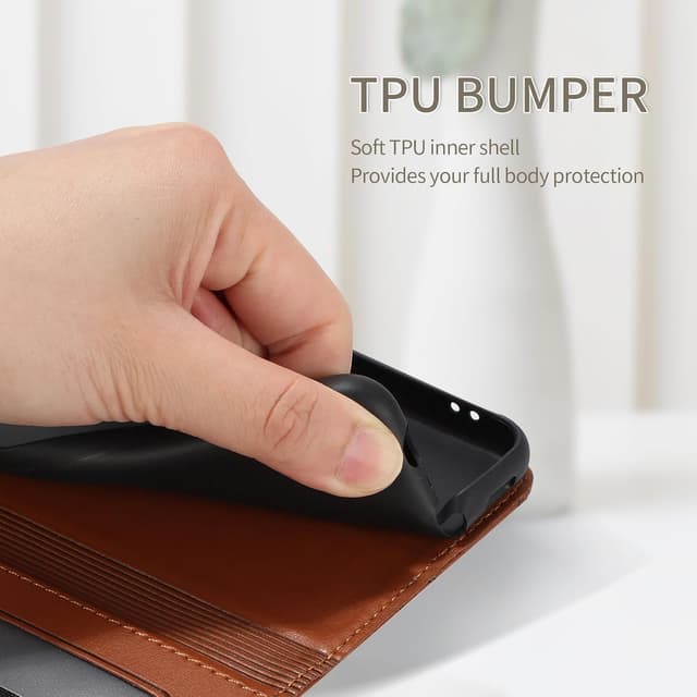 Detalle de FALUWONRU Klapphülle für Samsung Galaxy A51 5G (PU-Leder/TPU) mit Kartenfächern, Standfunktion und Magnetverschluss – Braun