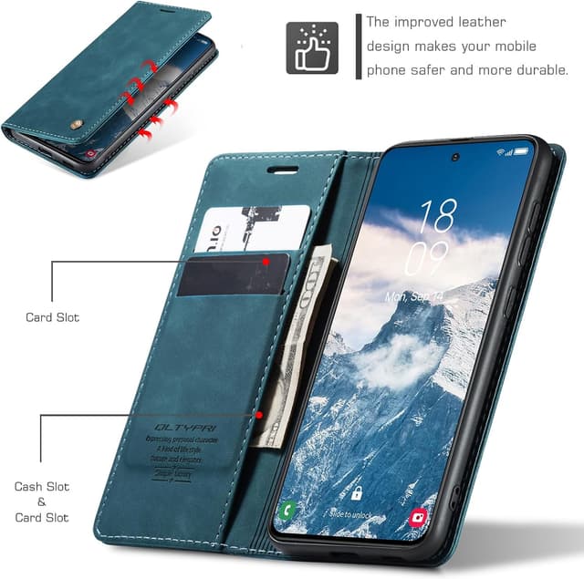 Detalle 2 de QLTYPRI Hülle für Samsung Galaxy A25 5G – Vintage Flip-Case mit Kartenfach, Geldslot & Ständer, Blau