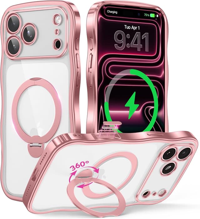 Detalle de GolbinBox Magnetic iPhone 17 Pro Max Case with 360° Rotating Stand (MagSafe Compatible) – Pink/Clear