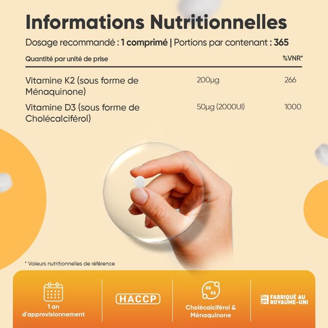 Detalle de WeightWorld Vitamine D3 K2 MK7 (MK-7) – 365 micro-comprimés végétariens, 2000 UI D3 et 200 µg K2