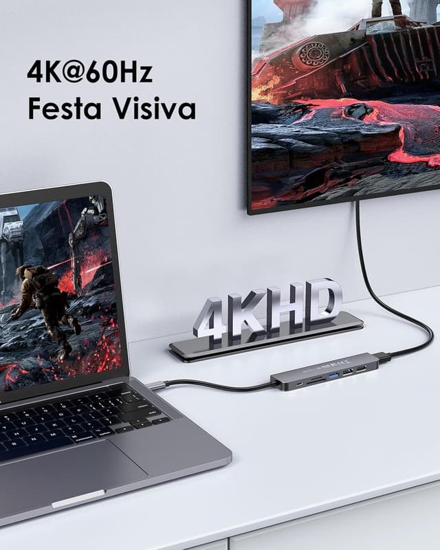 Detalle 2 de LENTION Hub USB-C 7 in 1 con HDMI 4K@60Hz e USB-C PD 100W, lettore SD/TF (alluminio)