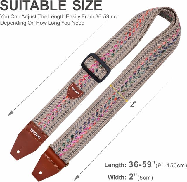 Detalle de YIKOKO Gitarrengurt mit Vollnarbenlederenden, 5,1 cm Breite – Baumwolle für Bass-, E- und Akustikgitarre