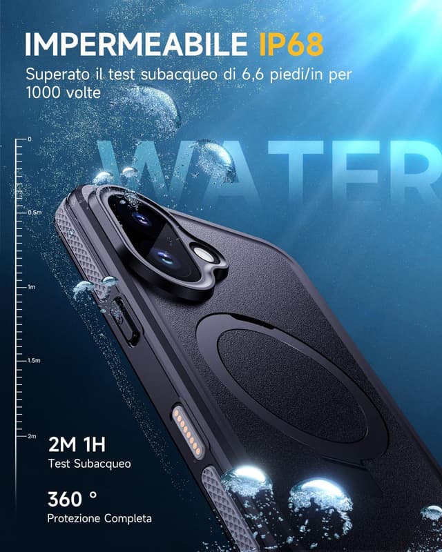 Detalle 2 de Lanhiem Cover impermeabile antiurto per iPhone 17 IP68 con supporto posteriore, custodia subacquea full body nera
