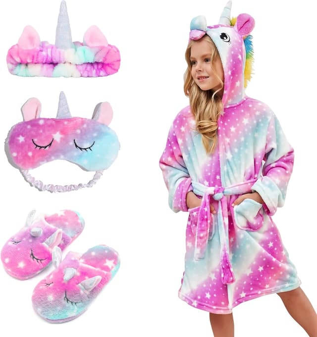Detalle de Piefry peignoir doux fille à capuche licorne (avec pantoufles) 4 pièces