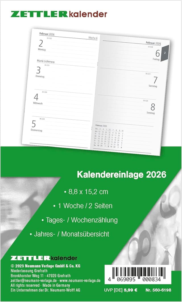 Detalle de Zettler Kalenderersatzeinlage TP 2026 112 Blatt