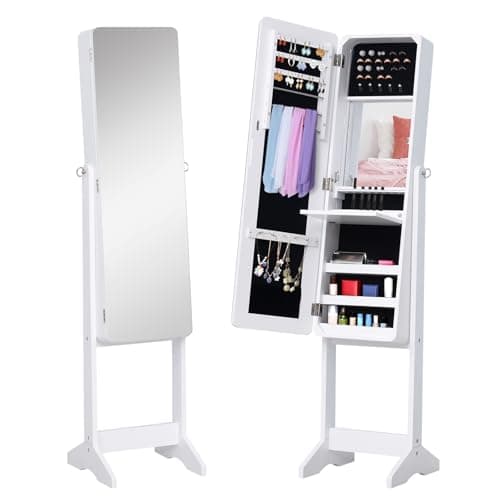 Detalle de HOMCOM joyero de pie con espejo y luces LED reclinable (30x36x146 cm) para anillos, pendientes y collares