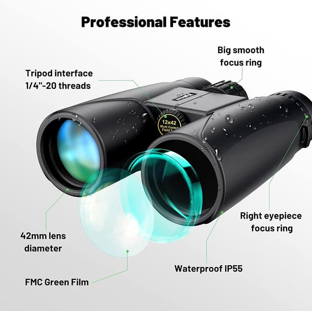 Detalle 2 de Kylietech High Power 12x42 Roof Prism Binoculars with Smartphone Adapter (BAK4, FMC, waterproof & fogproof)