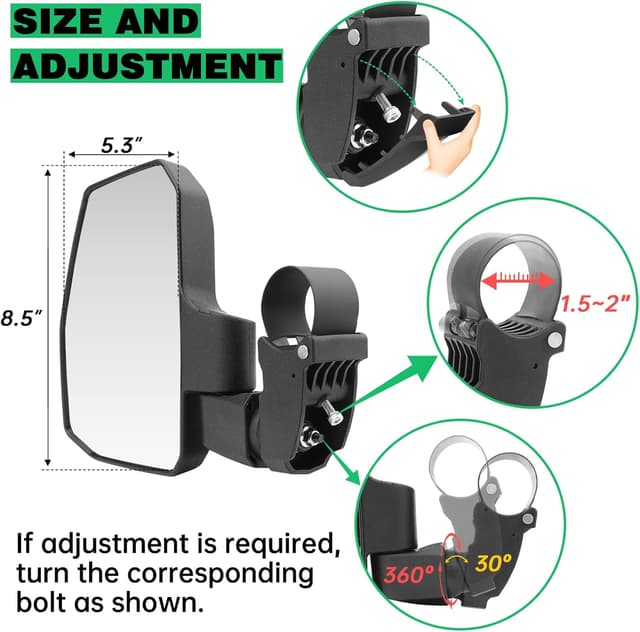 Detalle de SHEJISI UTV Side Mirrors with Automatic Reset for 1.5–2.0" Roll Cage (Polaris RZR, Can-Am Maverick, Honda Pioneer SXS, Kawasaki Mule)
