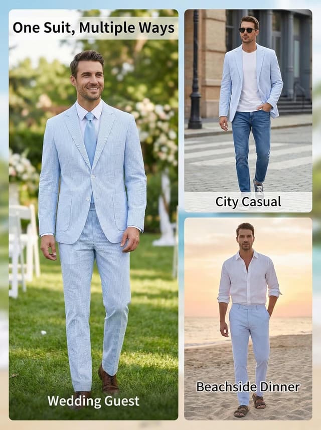Detalle de Mrbuerly Men’s Blue Seersucker Summer Suit Set (Slim Fit) for Weddings