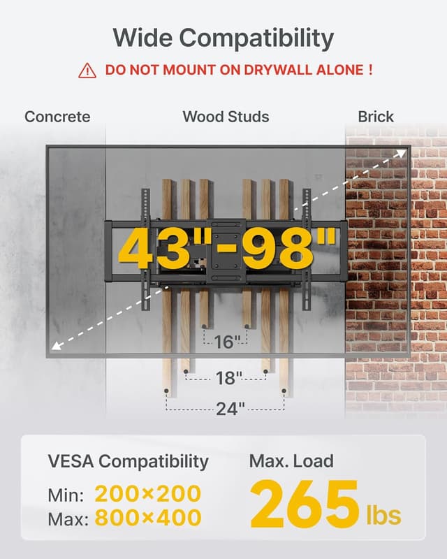 Thumbnail 5 de monTEK Heavy Duty Full Motion TV Wall Mount (43–98 Inch) — 265 lbs Capacity, 27.7" Extension, Max VESA 800x400mm