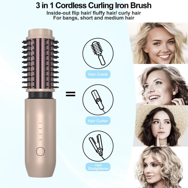 Detalle 2 de NeuWee Cordless Hair Curling Brush – Mini 3 in 1 hot hair brush with 4 temperatures, USB rechargeable (Gold)