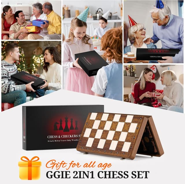 Detalle de Magnetisches 2IN1 Schachspiel (39 x 39 cm), klappbares Holzbrett mit 32 Figuren + 2 Damen